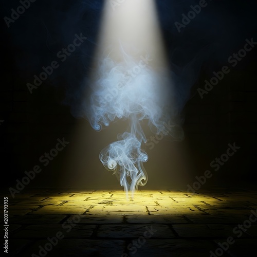Mysterious Smoke Rising from a Stone Floor Under a Bright Spotlight