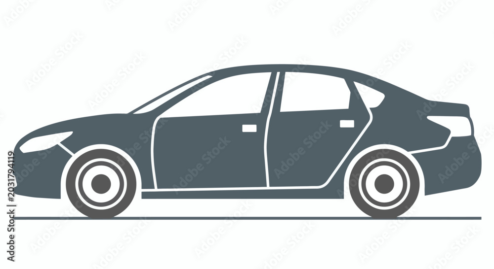 Fototapeta premium Minimalist flat design vehicle icon, a simple grey sedan illustration showcasing private transportation and mobility for modern concepts