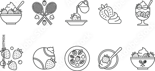 Linear drawings of strawberry desserts and Wimbledon tennis motifs.