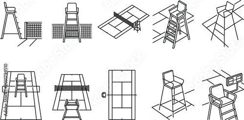 Set of tennis court and umpire chair isometric outline icons, sport competition equipment.