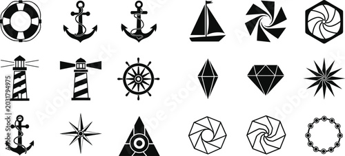 Photos Nautical and Geometric Icon Set Featuring Anchors, Lighthouses, Ships, Abstract