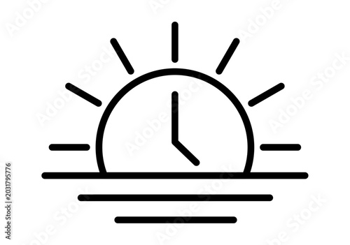 Canvastavla Icono lineal de sol naciente con un reloj en el centro sobre el mar para horario