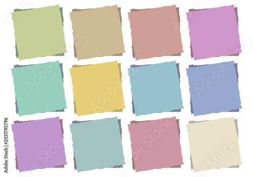 Bild auf Leinwand Colección de doce notas cuadradas de colores, con bordes rasgados y sombras