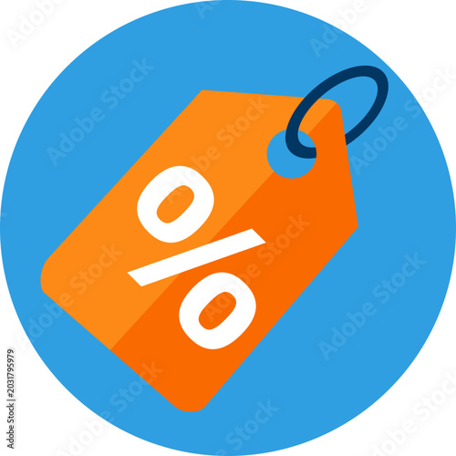 Round discount tag icon, blue and orange vector symbol for percentage price tag, retail sale label, market special offer voucher isolated on white