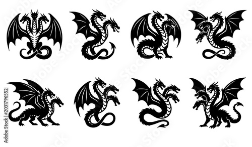 Cuadro en lienzo Medieval woodblock dragon vector set with detailed black ink hydra and mythical