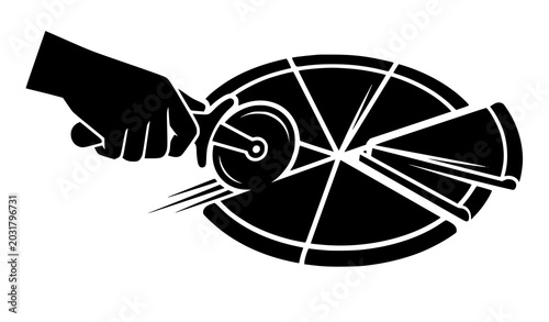 Photos Hand cutting pizza with roller wheel slicer vector icon black silhouette food gr
