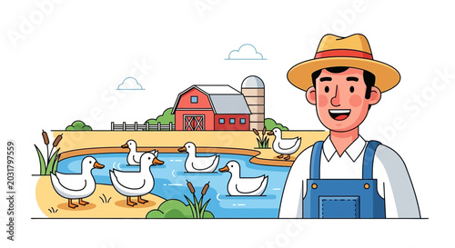Foto Happy Farmer with Ducks in Pond, Barn and Silo on Rural Farm Landscape
