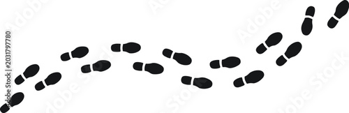 Fotografi Collection of black shoe footprint outlines on a white background suggesting a p