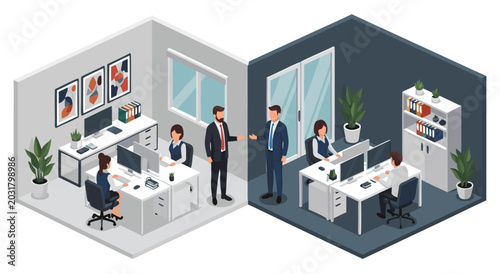 Cuadro en lienzo Isometric office interior vector illustration showing two distinct workspaces wi