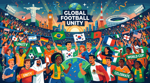 Diverse fans celebrating World Football Day in a stadium with landmarks in vibrant flat vector style