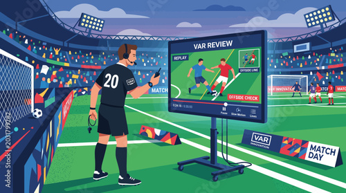 Professional Football Referee Reviewing Offside VAR Screen in a Crowded Stadium Illustration