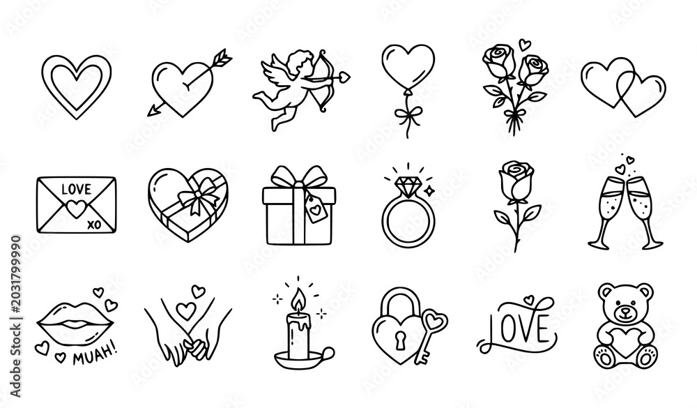 Obraz premium Minimal Valentines Love Line Icons with Hearts Cupid Roses and Romantic Doodle Elements
