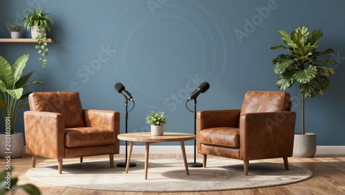 Two leather armchairs and microphones set up for podcasting against a blue wall.Podcast recording studio setup