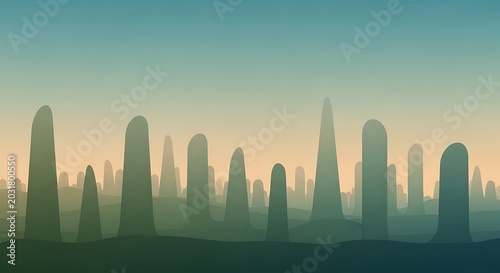 Abstract alien landscape with tall rounded rock formations at sunset
