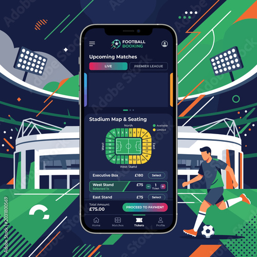Mobile football ticket booking app interface with seating map for stadium matches on flat vector design.