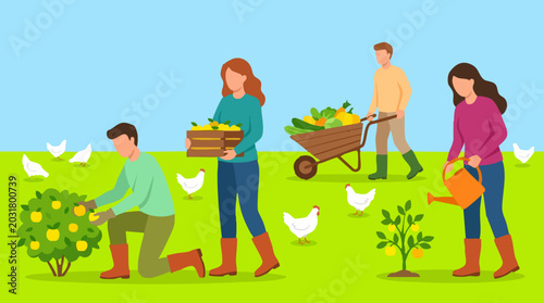 Foto People farming and harvesting fresh produce with chickens in a garden