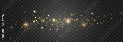Golden sparkling glitter dust overlay. Magical glowing pollen with bokeh effect on transparent png background. Realistic shine vector set for festive holiday design. Vector png