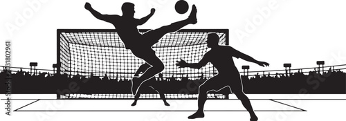Black silhouette of two soccer players on field with goal