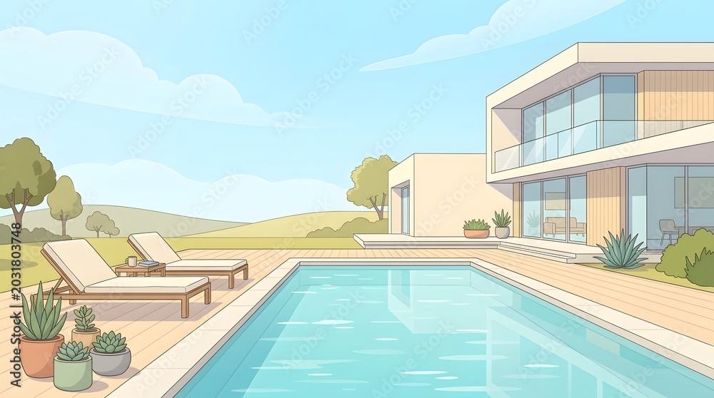 Fototapeta premium Contemporary luxury villa with a sparkling swimming pool, lounge chairs, and manicured garden on a sunny day