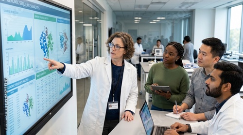 Diverse group of scientists collaborating and analyzing genomic sequence data on a large screen display in a modern laboratory setting with various equipment