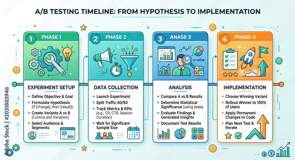 Fototapeta premium Comprehensive horizontal process infographic titled A/B Testing Timeline From Hypothesis to Implementation showing 