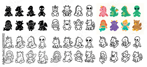 Fantasy icons with unicorn dragon mermaid colorful
