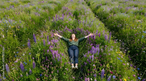 Woman lying in a field of wildflowers with arms outstretched