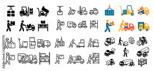 Logistics icons with forklift truck box minimal