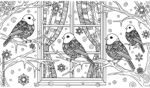 Foto Hand drawn winter songbirds by snowy window zentangle vector coloring illustrati