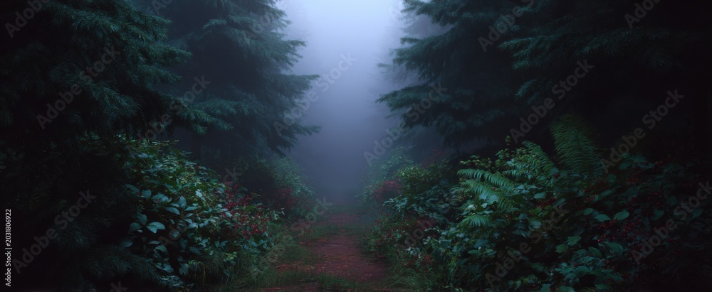 Fototapeta premium a foggy forest path stirs feelings of wonder and deep curiosity