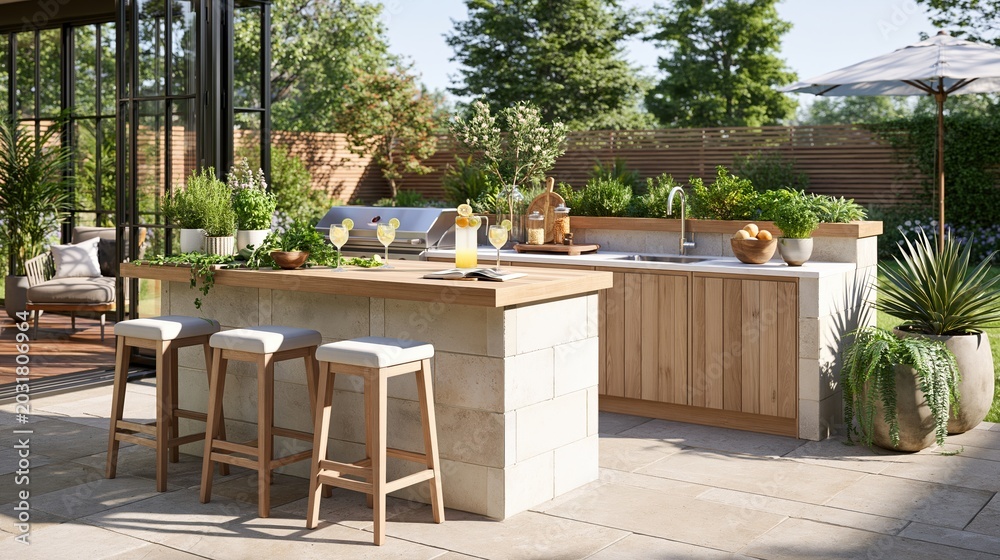 Fototapeta premium Bright Spring Outdoor Kitchen Bar with Fresh Herbs in a Backyard