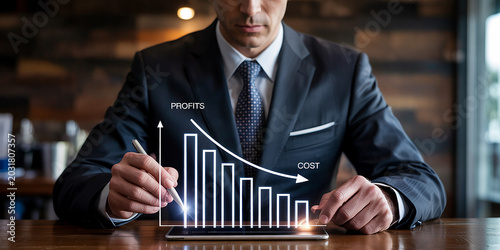 Businessman analyzing declining profits and rising costs chart