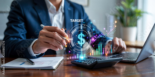 Businessman Analyzing Financial Growth with Digital Target and Charts