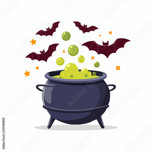 Halloween Cauldron with Bubbling Potion and Bats
