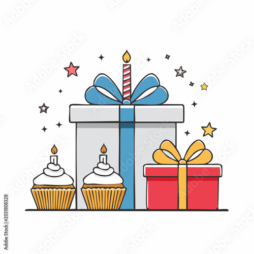 Birthday Gifts and Cupcakes with Candles and Stars