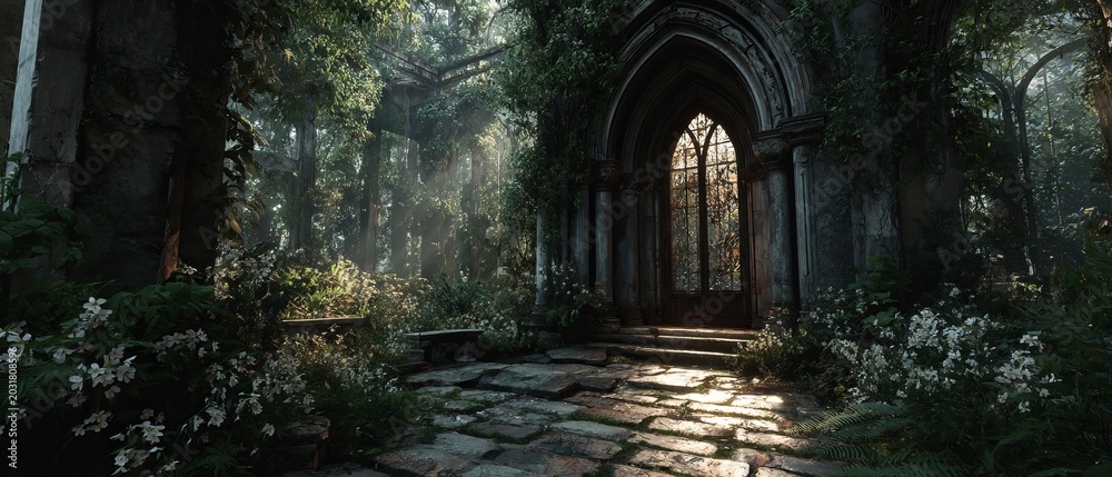 Fototapeta premium Ethereal Ruins - Sunlight Illuminating an Overgrown Gothic Cathedral Interior.