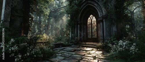 Ethereal Ruins - Sunlight Illuminating an Overgrown Gothic Cathedral Interior.