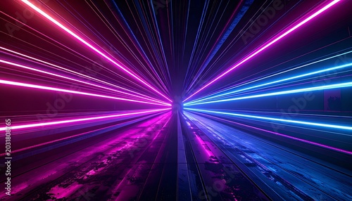 Vibrant neon light beam tunnel effect.
