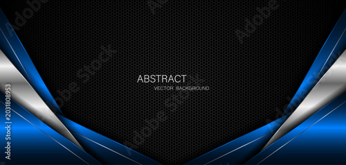 Abstract blue and silver polygons on dark steel mesh background. with free space for design. modern technology innovation concept background