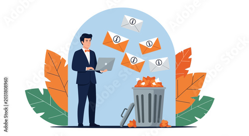 Принти на полотні Email management and junk mail filtering concept with businessman working on laptop while unwanted messages are thrown into trash bin for productivity
