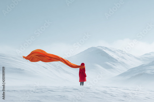 Woman in Red Coat in Snowy Landscape