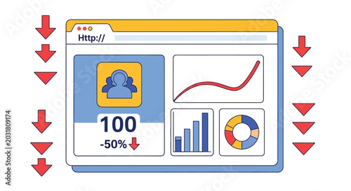 Konstfotografi Website with user icon showing 100 and -50% reduction, chart graphs, and pie chart surrounded by red downward arrows symbolizing decline