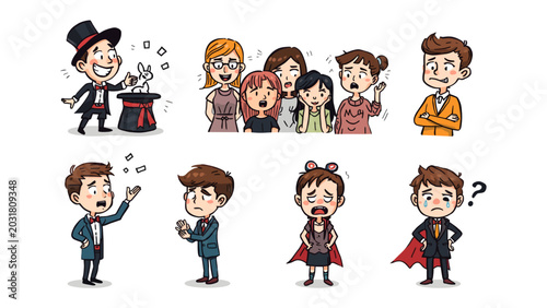 Fotografía Magician and Audience Reactions: A whimsical illustration depicts a magician performing a trick, surrounded by a captivated and surprised audience