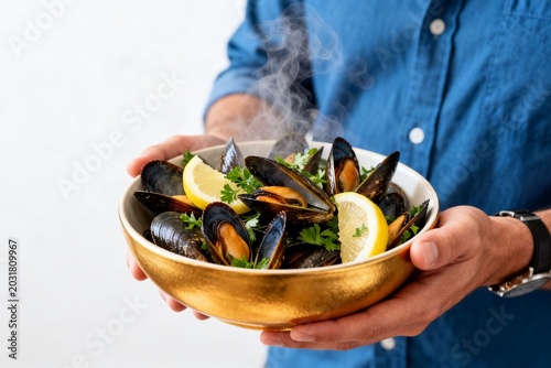 Person holding bowl of steaming mussels