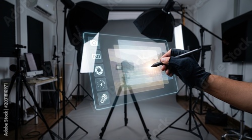 Photographer’s hand editing holographic image layers and camera settings in creative studio, Generated by AI