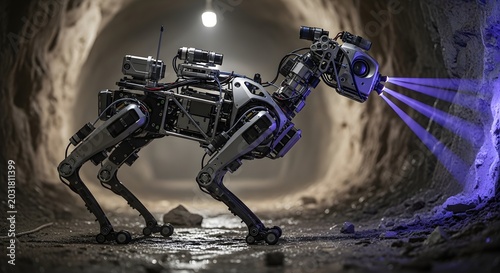 Advanced quadruped robot with glowing blue accents explores dark underground tunnel with dramatic lighting and atmospheric fog