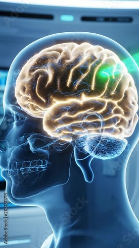 Futuristic 3D Illustration of Human Skull and Brain with Green Laser Beam for Medical and Neuroscience Applications