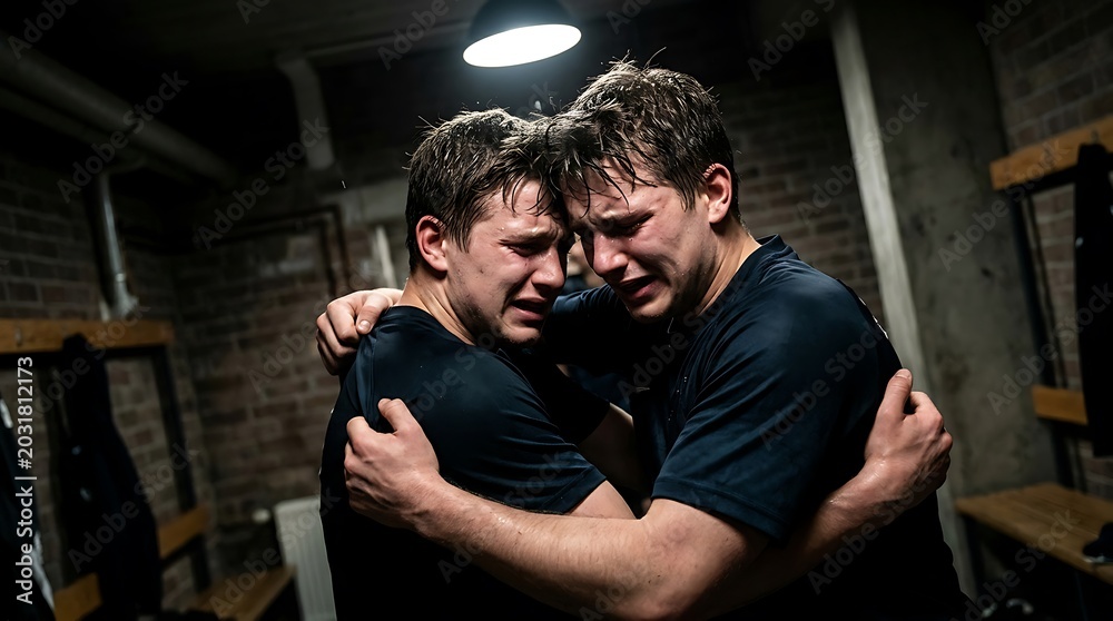 Obraz premium Two emotional athletes embracing and crying in locker room after defeat