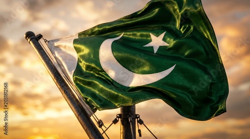 Pakistan Flag at Golden Hour – Crescent & Star in Sunset Glow for Art & Decor
