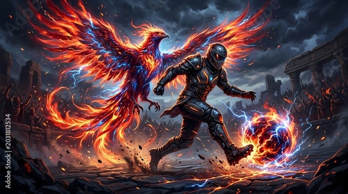 Futuristic soccer player with flaming phoenix and electric ball in ancient arena